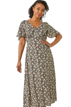 Roman Black Petite Ditsy Tea V-Neck Midi Dress