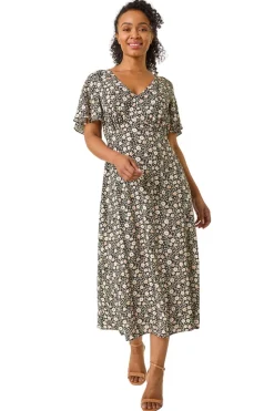Roman Black Petite Ditsy Tea V-Neck Midi Dress