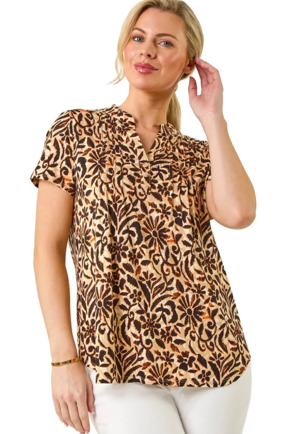 Roman Black Petite Floral Print V-Neck Stretch Top