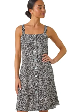 Roman Black Petite Floral Ditsy Button Dress