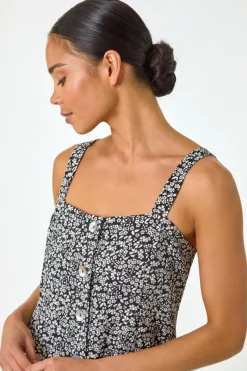 Roman Black Petite Floral Ditsy Button Dress