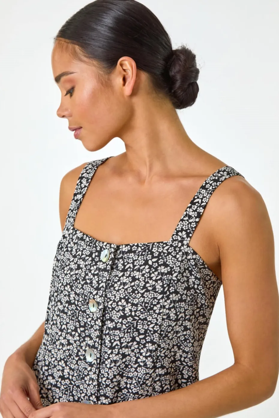 Roman Black Petite Floral Ditsy Button Dress