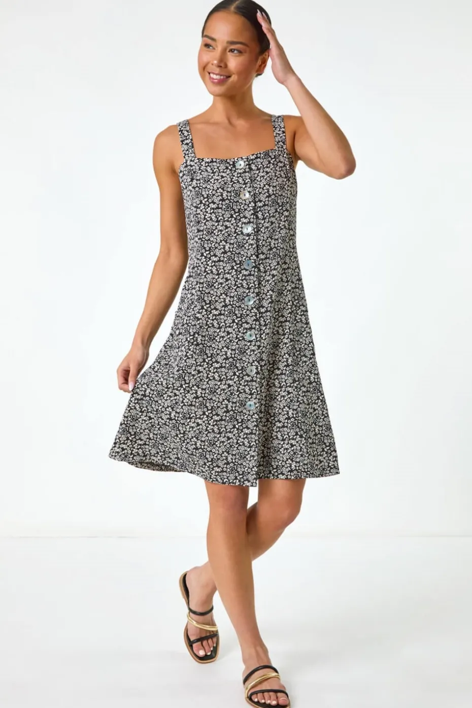 Roman Black Petite Floral Ditsy Button Dress