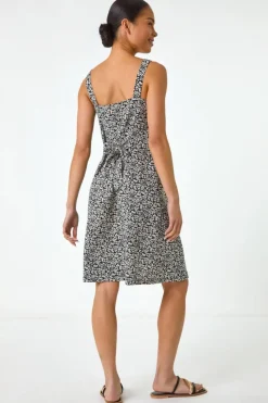 Roman Black Petite Floral Ditsy Button Dress