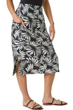 Roman Black Petite Leaf Print Linen Midi Skirt