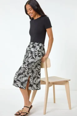 Roman Black Petite Leaf Print Linen Midi Skirt