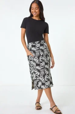 Roman Black Petite Leaf Print Linen Midi Skirt