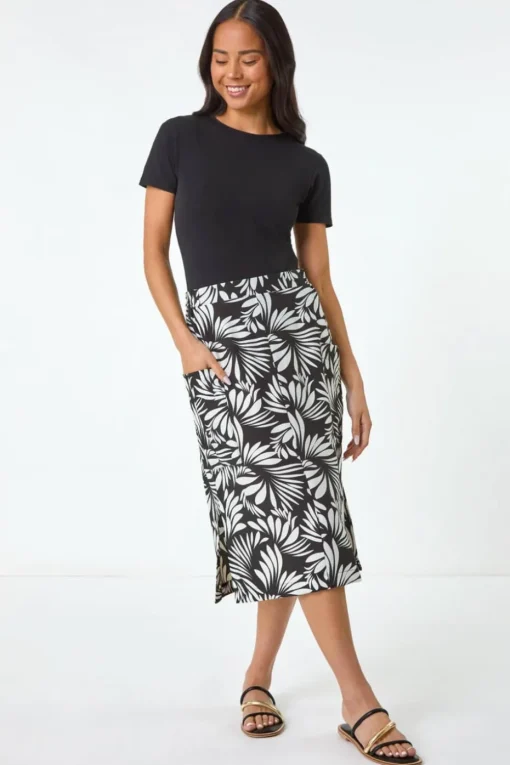 Roman Black Petite Leaf Print Linen Midi Skirt
