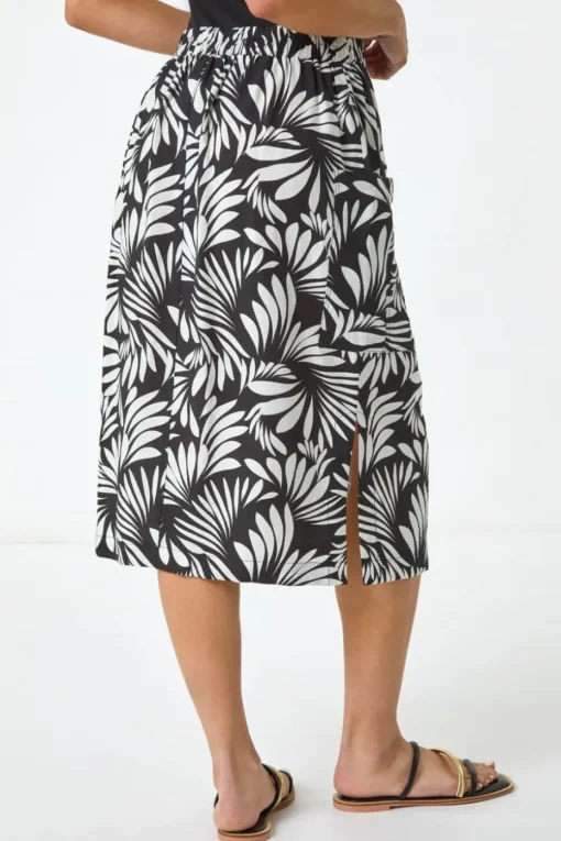 Roman Black Petite Leaf Print Linen Midi Skirt