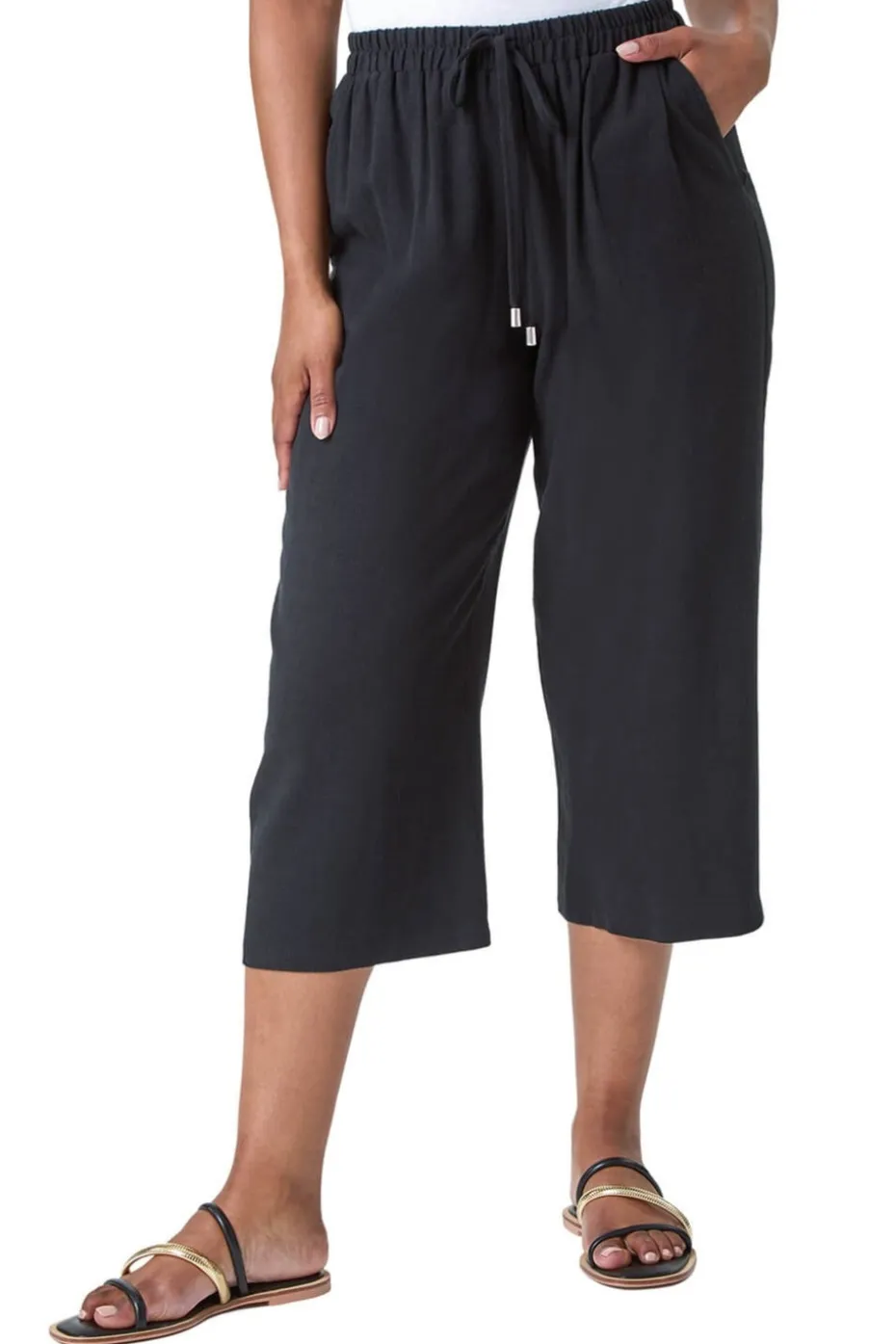 Roman Black Petite Linen Mix Wide Cropped Trousers