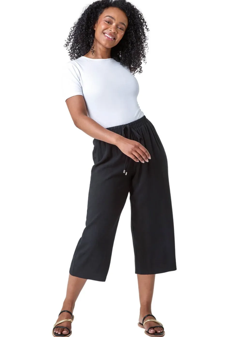 Roman Black Petite Linen Mix Wide Cropped Trousers