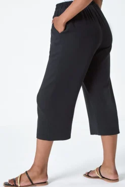 Roman Black Petite Linen Mix Wide Cropped Trousers