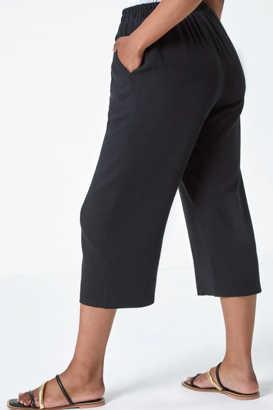 Roman Black Petite Linen Mix Wide Cropped Trousers