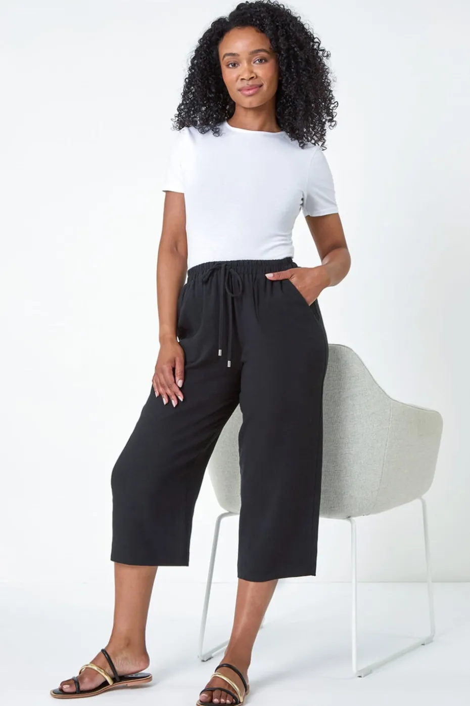 Roman Black Petite Linen Mix Wide Cropped Trousers