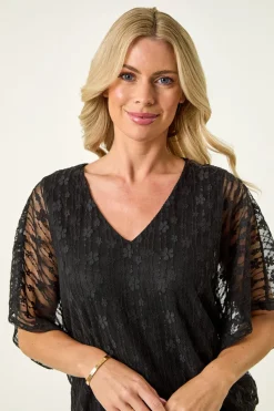 Roman Black Petite Mesh V-Neck Blouson Top