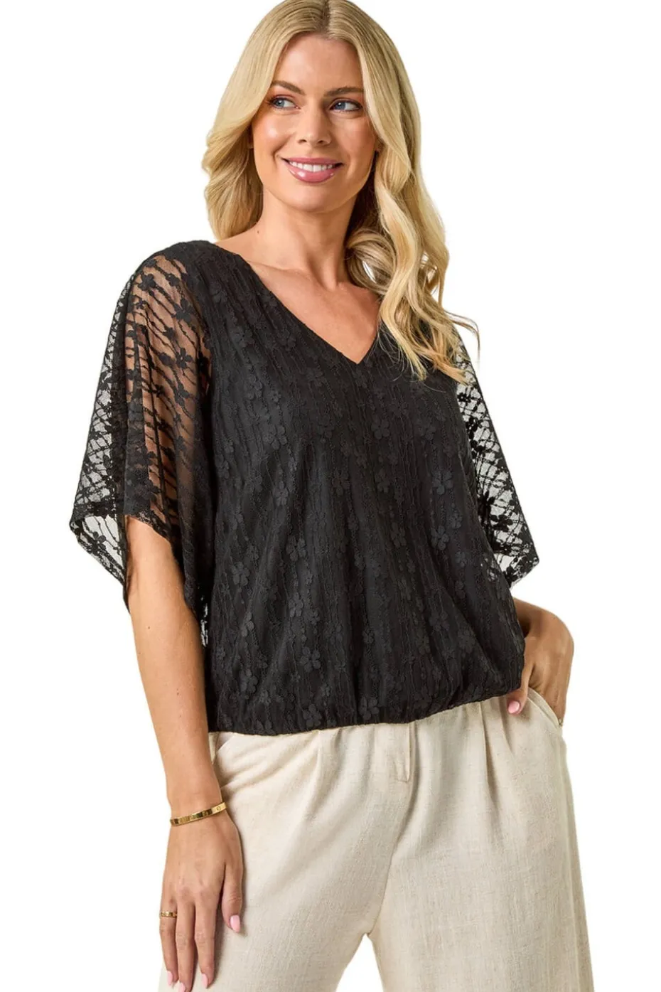 Roman Black Petite Mesh V-Neck Blouson Top