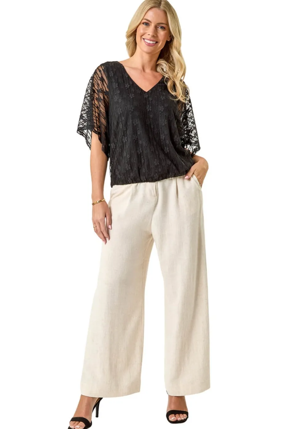 Roman Black Petite Mesh V-Neck Blouson Top