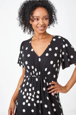 Roman Black Petite Polka Dot Stretch Midi Dress