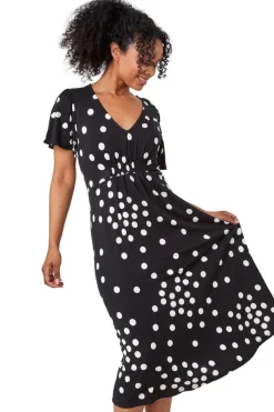 Roman Black Petite Polka Dot Stretch Midi Dress
