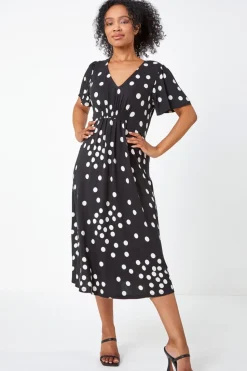Roman Black Petite Polka Dot Stretch Midi Dress