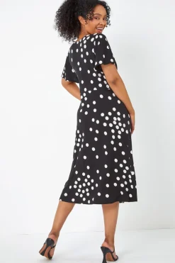 Roman Black Petite Polka Dot Stretch Midi Dress
