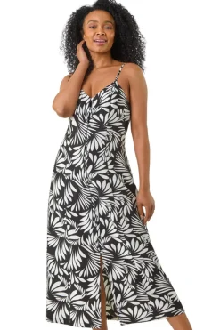 Roman Black Petite Print Button Midi Dress