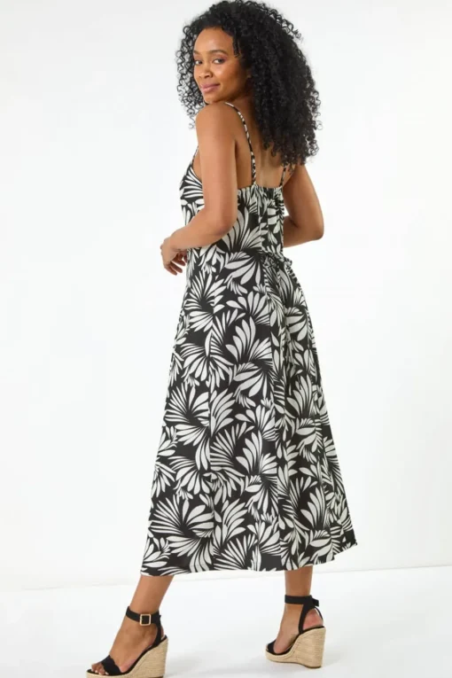 Roman Black Petite Print Button Midi Dress