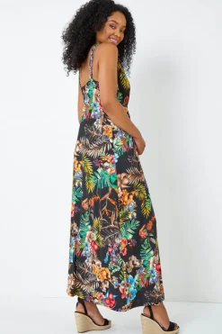 Roman Black Petite Sleeveless Tropical Maxi Stretch Dress