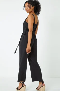 Roman Black Petite Sleeveless Linen Blend Jumpsuit