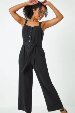 Roman Black Petite Sleeveless Linen Blend Jumpsuit