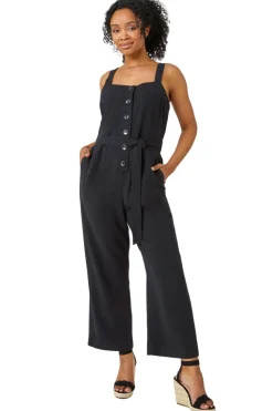 Roman Black Petite Sleeveless Linen Blend Jumpsuit