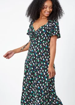 Roman Black Petite Spot Ruched Stretch Midi Dress