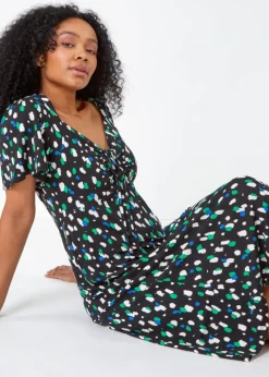 Roman Black Petite Spot Ruched Stretch Midi Dress