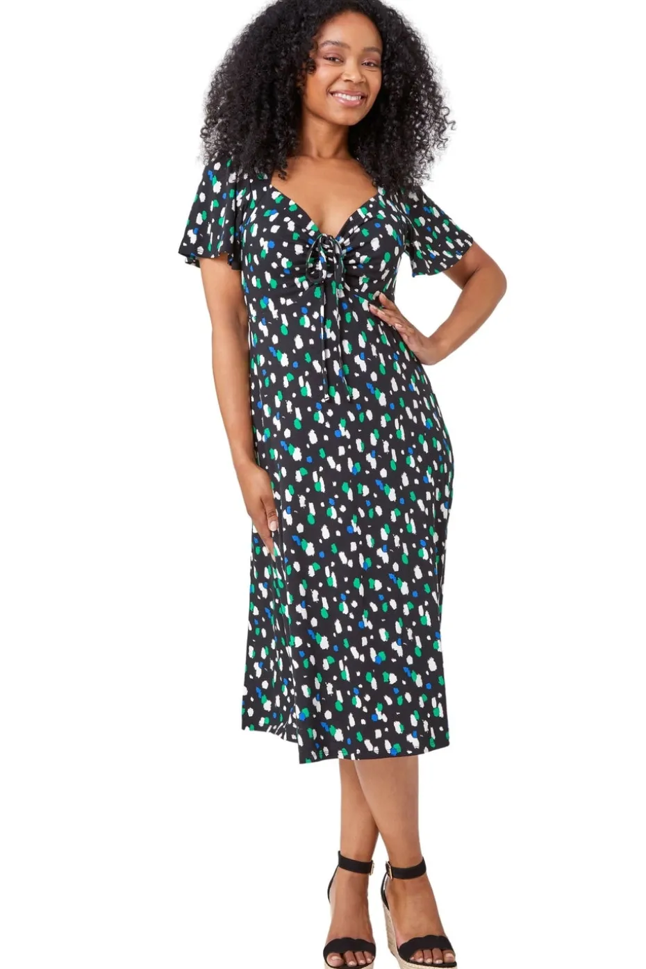 Roman Black Petite Spot Ruched Stretch Midi Dress