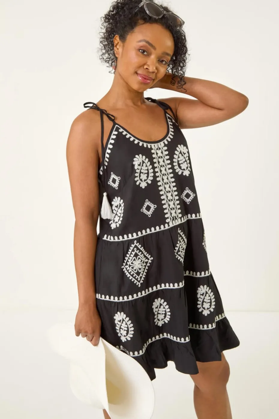 Roman Black Petite Strappy Trim Detail Tiered Dress