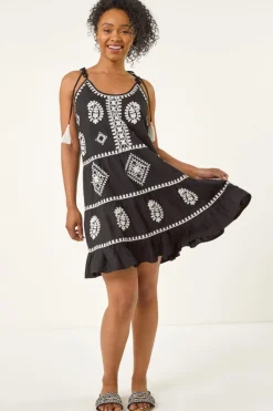 Roman Black Petite Strappy Trim Detail Tiered Dress