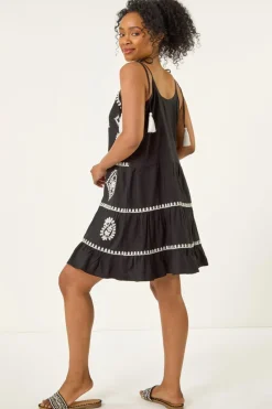 Roman Black Petite Strappy Trim Detail Tiered Dress