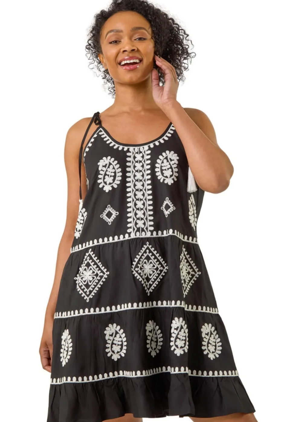 Roman Black Petite Strappy Trim Detail Tiered Dress