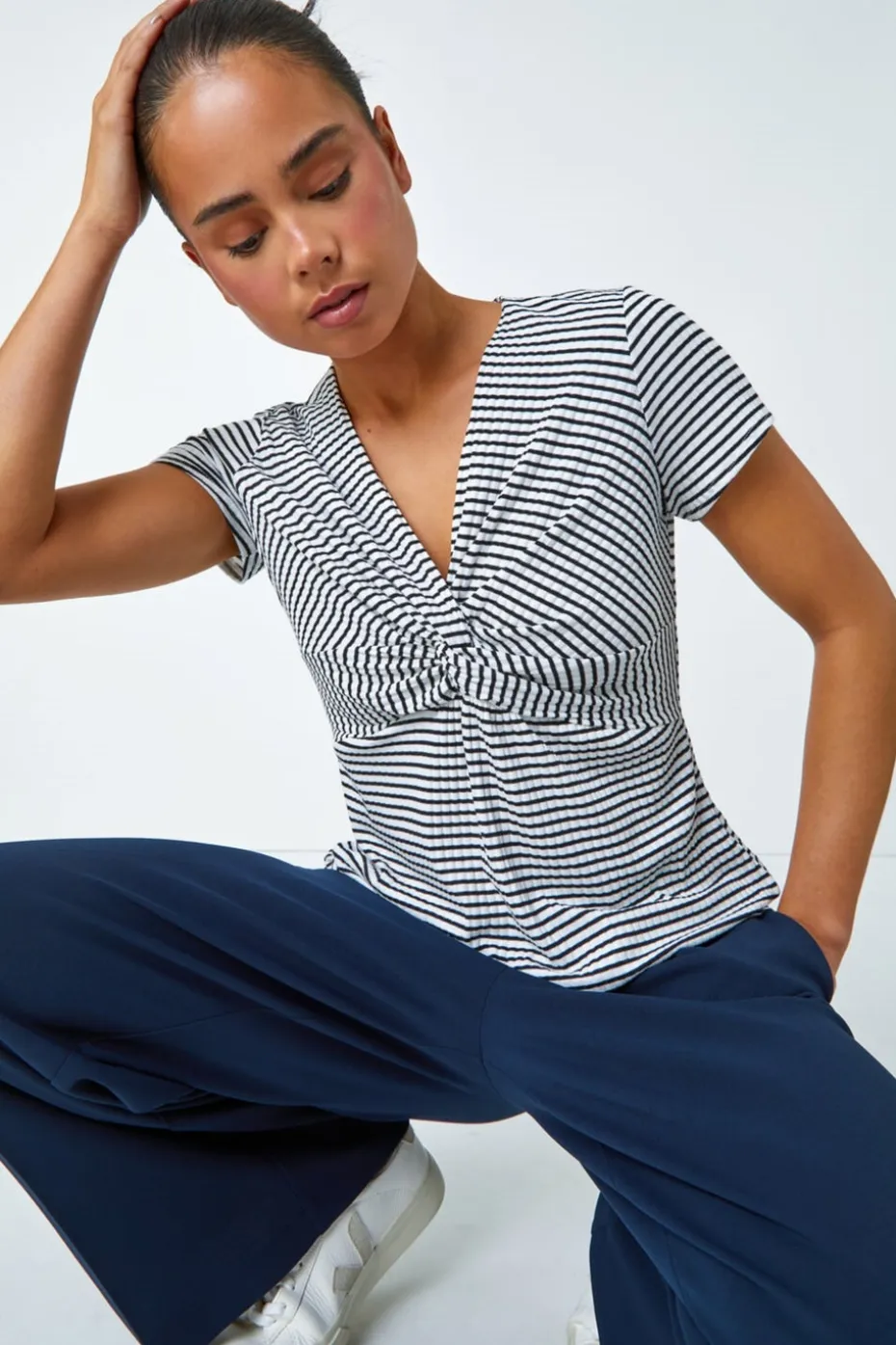 Roman Black Petite Stripe Twist Soft V-Neck Stretch Top