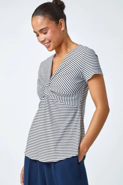 Roman Black Petite Stripe Twist Soft V-Neck Stretch Top