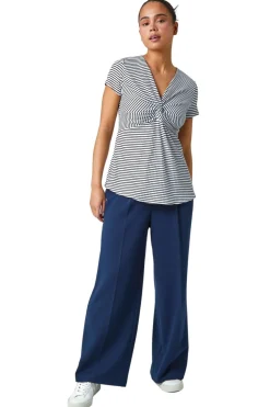 Roman Black Petite Stripe Twist Soft V-Neck Stretch Top