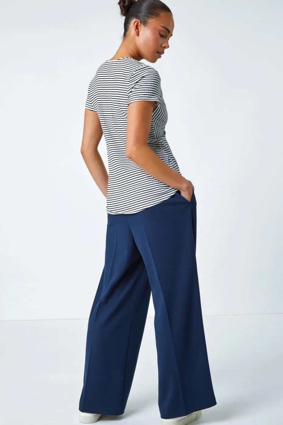 Roman Black Petite Stripe Twist Soft V-Neck Stretch Top