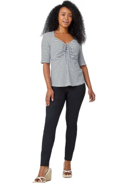 Roman Black Petite Stripe Ruched V-Neck Stretch Top