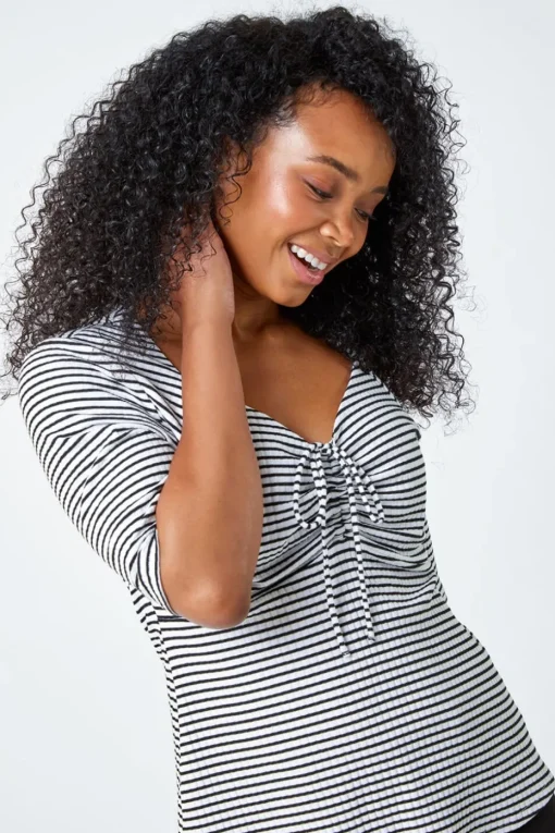 Roman Black Petite Stripe Ruched V-Neck Stretch Top