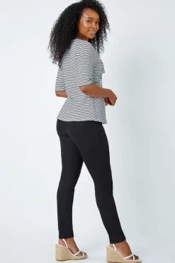 Roman Black Petite Stripe Ruched V-Neck Stretch Top