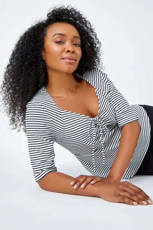 Roman Black Petite Stripe Ruched V-Neck Stretch Top