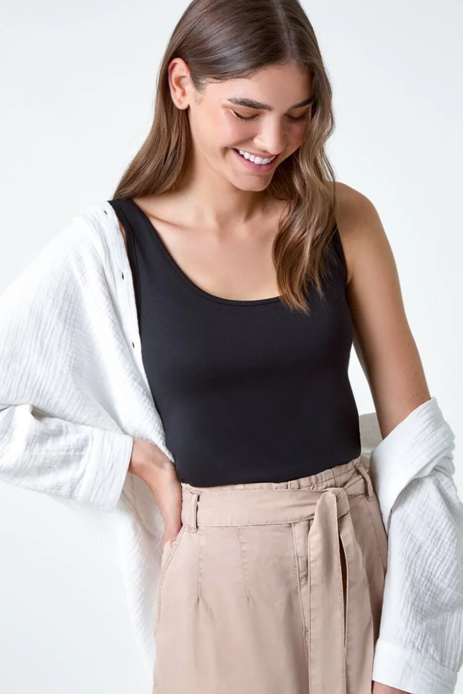 Roman Black Plain Stretch Jersey Vest Top