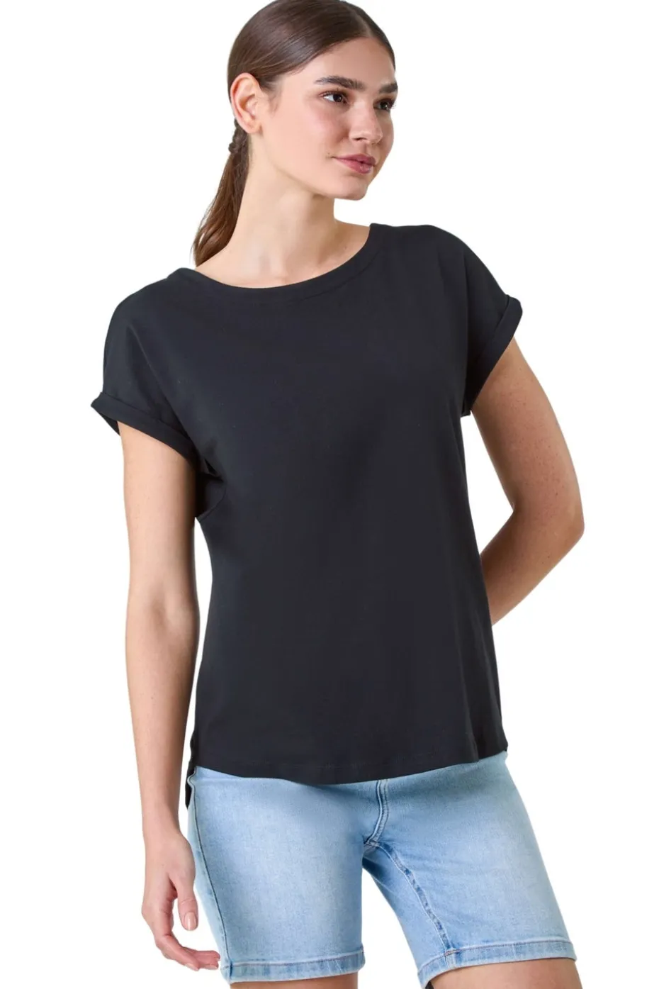Roman Black Plain Stretch Cotton Jersey T-Shirt