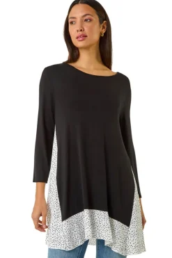 Roman Black Polka Dot Side Split Tunic Top