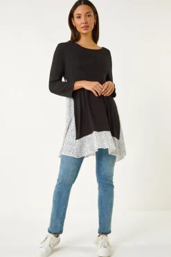 Roman Black Polka Dot Side Split Tunic Top
